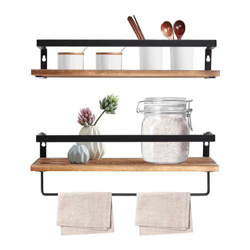 UHDUIG Wandregal 2er Set Schweberegal Badezimmer Regale mit Handtuchhalter Schutzzaun Kiefernholz für Büros Schlafzimmer Küchen 40x14.5x7cm von UHDUIG