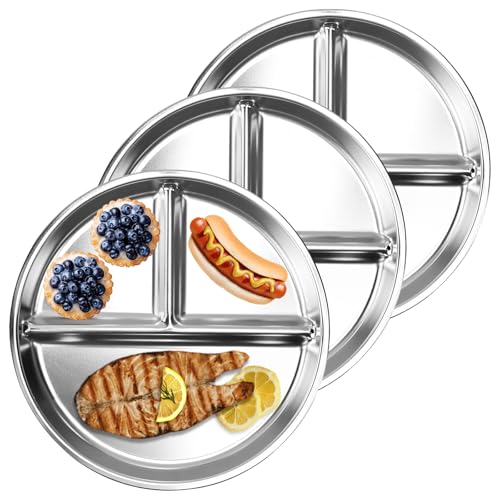 UHETLET 3 Stück Teller mit unterteilung Edelstahl teller kinder Kinderteller Edelstahl teller 23 cm Durchmesser Portionsteller Edelstahlteller Camping Stainless Steel baby Plate Geschirrspüler von UHETLET