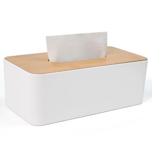 UHETLET Kosmetiktücher Box Holz Tücherbox mit Deckel aus Bambus Taschentücher Box 26x13x9cm Tücherbox Weiß Nachfüllbar Taschentuchbox Quadratisch Tissue Boxen Taschentuchspender für Handelsübliche von UHETLET