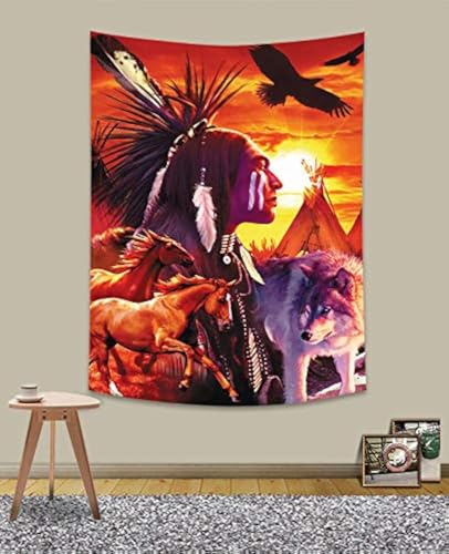 UHOMETAP GTWYUH298 Wandteppich Indianer Mann Wolf Pferd Heimdekoration Wandteppich für Wohnzimmer Schlafzimmer Schlafsaal Picknickmatte Strandtuch Bettüberwurf 101,6 x 152,4 cm von UHOMETAP