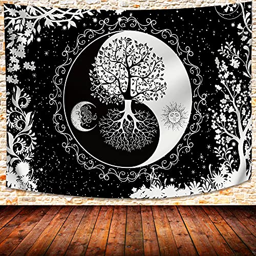 UHOMETAP Psychedelic Sonne und Mond Wandbehang Yin Yang Kunst Baum des Lebens Bohemian Hippie Schwarz Weiß Wanddekoration Decke für Wohnzimmer Schlafzimmer Wohnheim 230 x 180 cm GTQQUH1003 von UHOMETAP