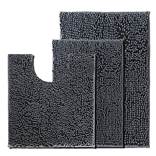 UHOUSEST Badezimmer Matte Set 3 Stück, Anti-Rutsch-Chenille Bad Matte Set Teppiche, weich mit Wasserabsorbierenden Sockel Badematte und U-Form Bad Toilette Teppich für Maschine waschbar, Anthrazitgrau von UHOUSEST