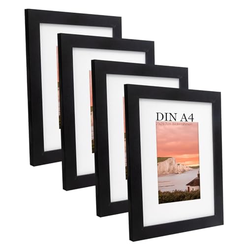 UHOUSEST Bilderrahmen A4 Schwarzer, 21x29,7cm Bilderrahmen mit Passepartout, A4 Rahmen mit Passepartout für Wandmontage vertikal oder horizontal, Schwarzer A4 Bilderrahmen mit Plastikglas(4er-Set) von UHOUSEST