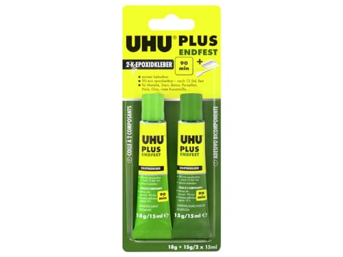 UHU 2-Komponentenkleber Plus Endfest, Glasklarer und höchst belastbarer 2K-Klebstoff, 33 g, Endfest - 2x 15 ml von UHU