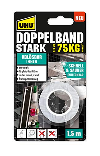 UHU Doppelband Stark ablösbar,Extra starkes, wieder ablösbares Montage-Klebeband, 1,5 m von UHU