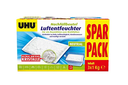 UHU Luftentfeuchter Nachfüllbeutel, Verhindert Feuchtigkeit und muffige Gerüche, 3 x 1000 g Sparpack von UHU