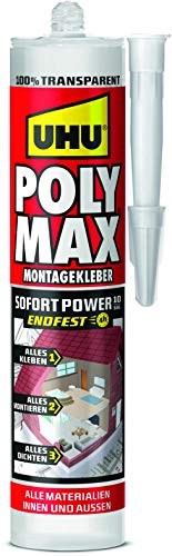 UHU POLY MAX Montagekleber 10 SEK SOFORT POWER Kartusche, Universeller, glasklarer Montagekleber und Dichtungsmasse mit hoher Anfangshaftung und schnellem Festigkeitszuwachs, transparent 300g. von UHU