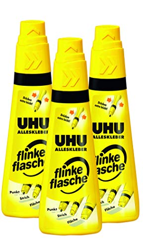 UHU Alleskleber flinke flasche, Glasklarer Alleskleber in der einzigartigen Flasche mit Drehklebekopf , 3 x 35 g von UHU