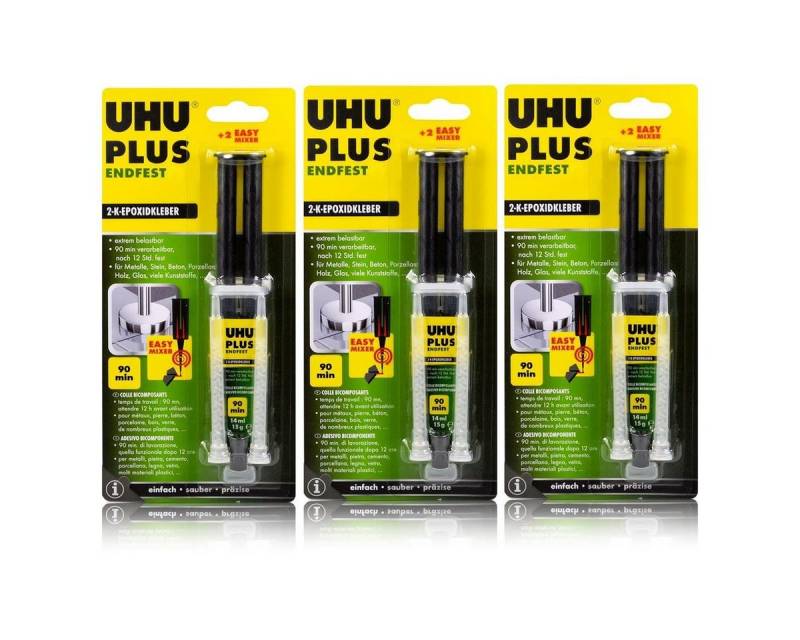 UHU Bastelkleber 3x UHU Plus Endfest 90min. Kleber 2-K-Epoxidkleber & 2 Easy Mixer von UHU