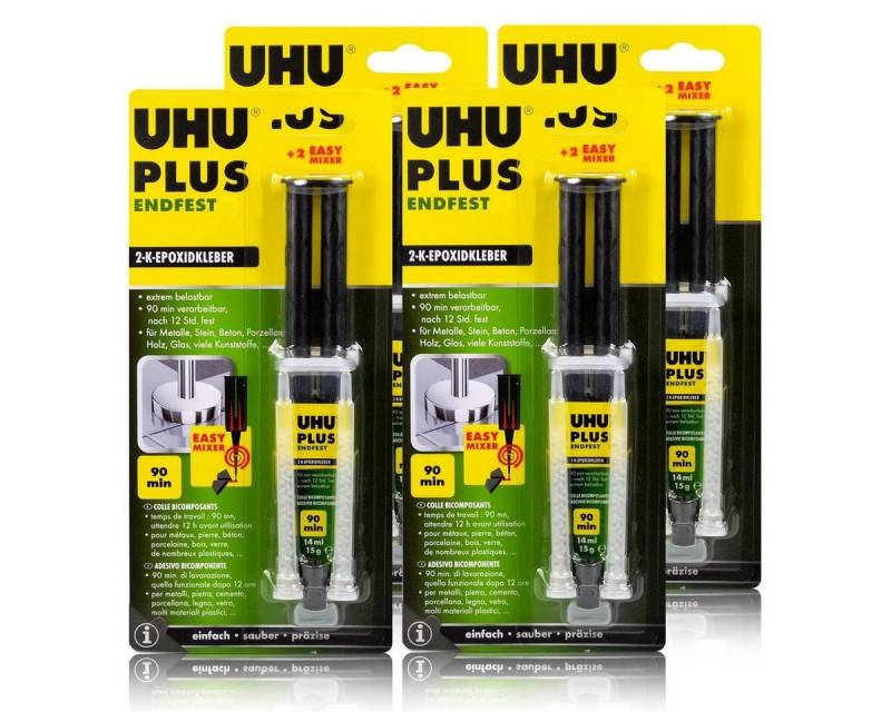 UHU Bastelkleber 4x UHU Plus Endfest 90min. Kleber 2-K-Epoxidkleber & 2 Easy Mixer von UHU