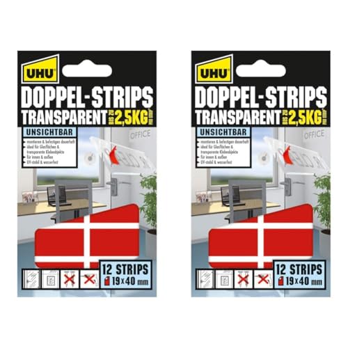 UHU Doppelstrips Transparent,Transparente doppelseitige Klebe- und Montage-Strips, 12 Strips (Packung mit 2) von UHU