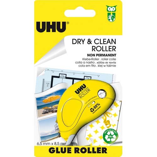 UHU Dry & Clean Roller Wiederentfernbarer Einweg-Klebe-Roller, 8,5 m x 6,5 mm, transparent, 6 Stück von UHU