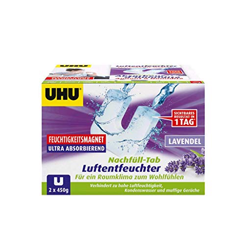 UHU Feuchtigkeitsmagnet Nachfülltab, Innovative Nachfülleinheit für handelsübliche Luftentfeuchter bekämpft Feuchtigkeit und Schimmel in Wohnräumen jetzt noch effektiver, 2 x 450 g, mit Lavendelduft von UHU