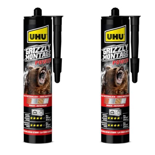 UHU GRIZZLY Montagekleber POWER Kartusche, Superstarker und schneller Montagekleber mit hoher Anfangshaftung und hoher Endfestigkeit für den Innenbereich, weiß 370g (Packung mit 2) von UHU