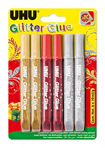 UHU Glitter Glue, Klebstoff mit Glitzerpartikel, Silber/Gold/Rot, 6 x 10 ml von UHU