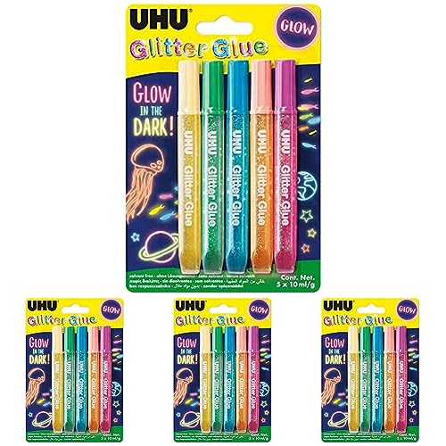 UHU Glitter Glue Glow in the Dark, Klebstoff mit Glitzerpartikel und "Glow in the Dark" Effekt (leuchtet im Dunkeln), 5 x 10 ml (Packung mit 4) von UHU