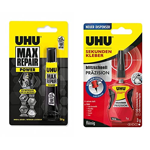 UHU Max Repair POWER, Extra starker Reparaturkleber für 1001 Reparaturen, Transparent, 20 g & Sekundenkleber Extra Stark, Blitzschnell, PRÄZISION flüssig, 3g von UHU