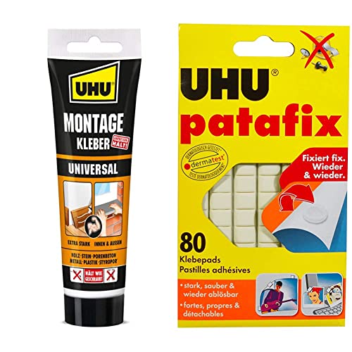 UHU Montagekleber UNIVERSAL Tube, Extra starker, lösungsmittelfreier Montagekleber auf Acrylatdispersion-Basis weiß, 200g & patafix weiß, wieder ablösbare Klebepads, 80 Stück (1er Pack) von UHU