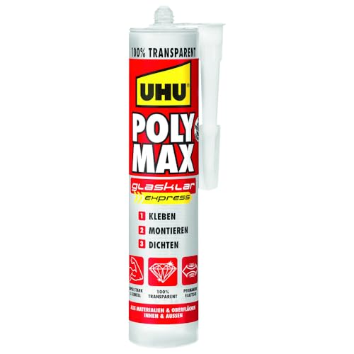 UHU Poly Max Glasklar Express, 300 g, Kartusche 47855 (Dichtstoff Klebstoff Montagekleber Polymer-Alleskleber) Farbe: transparent/Viskosität: pastös/Dichte: ca. 1,04 g/cm³/Flammpunkt: >55 °C von UHU