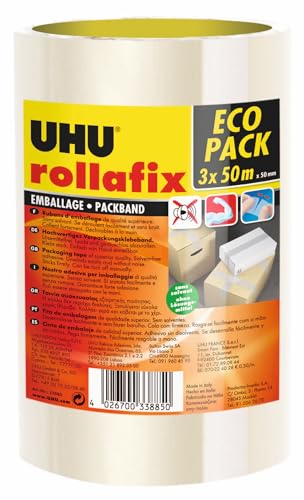 UHU Rollafix Packband, Hochwertiges Verpackungsklebeband, transparent, 3 x 50m von UHU