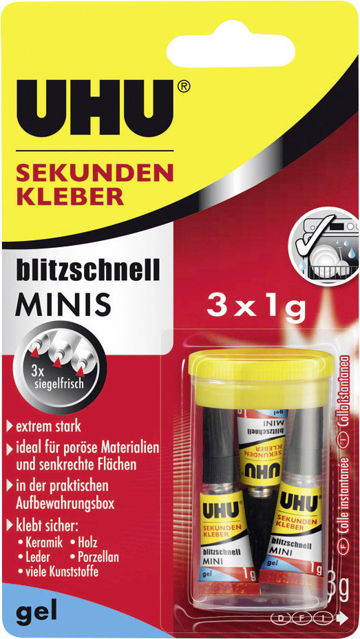 UHU Sekundenkleber blitzschnell Minis 3 x 1 g gel 3 g (3 x 1 g), in der praktischen Box von UHU