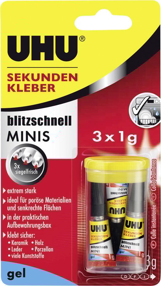 UHU Sekundenkleber blitzschnell Minis 3 x 1 g gel 3 g (3 x 1 g), in der praktischen Box von UHU
