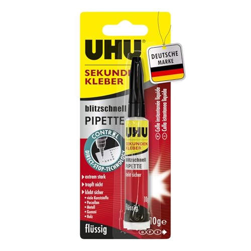 UHU Sekundenkleber extra stark | 10g Kleber Pipette für präzises Kleben | Sekundenkleber flüssig für Kunststoff, Metall, Holz, Keramik, Porzellankleber | Superkleber & Kunststoffkleber von UHU