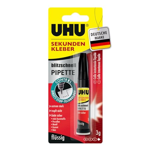 UHU Sekundenkleber extra stark | 3g Kleber Pipette für präzises Kleben | Sekundenkleber flüssig für Kunststoff, Metall, Holz, Keramik, Porzellankleber | Superkleber & Kunststoffkleber UHU Sekundenkleber extra stark | 3g Kleber Pipette für präzises Kleben | Sekundenkleber flüssig für Kunststoff, Metall, Holz, Keramik, Porzellankleber | Superkleber & Kunststoffkleber von UHU