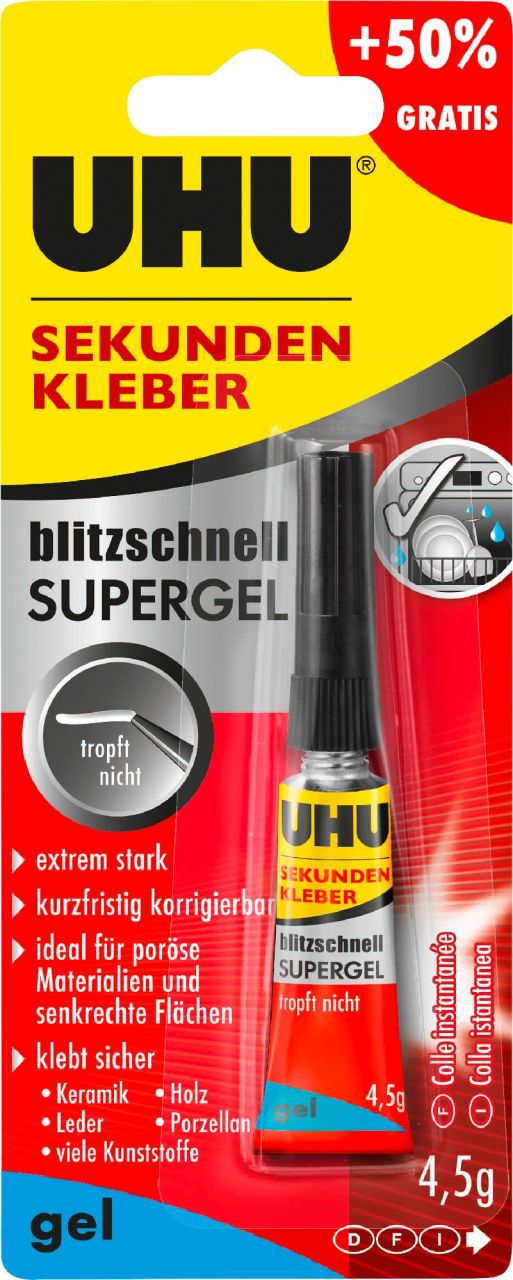 UHU Sekundenkleber blitzschnell Supergel 4,5 g - 3 g + 50 % gratis von UHU