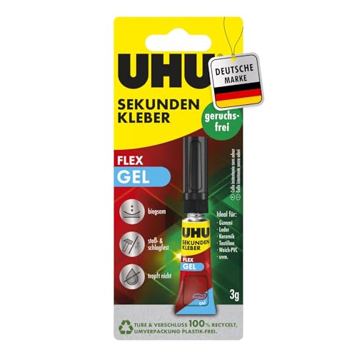 UHU Sekundenkleber Gel ohne Lösungsmittel | 3g Kleber geruchsfrei | Sekundenkleber extra stark für Kunststoff, Metall, Holz, Porzellankleber | Superkleber | Tube und Verschluss recycelt von UHU