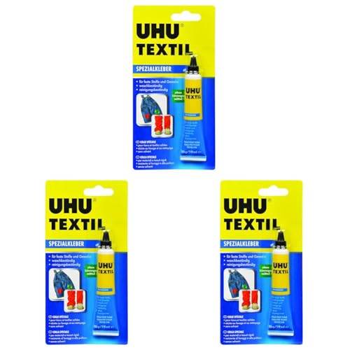 UHU Spezialkleber Textil Tube, Schnellabbindender Klebstoff für verschiedenste Textilien und Stoffe, 20 g (Packung mit 3) von UHU
