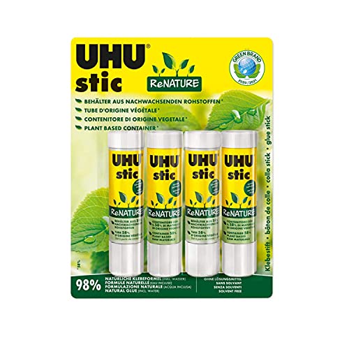 UHU stic ReNATURE – Klebestift ohne Lösungsmittel – Aus 98 Prozent natürlichen Inhaltsstoffen – 4 x 21 g von UHU