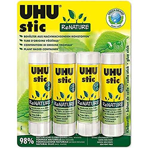 UHU stic ReNATURE – Klebestift ohne Lösungsmittel – Aus 98 Prozent natürlichen Inhaltsstoffen – 4 x 40 g von UHU