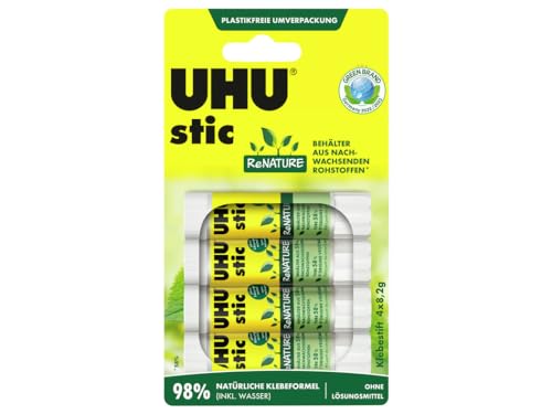 UHU stic ReNATURE – Klebestift ohne Lösungsmittel – Aus 98 Prozent natürlichen Inhaltsstoffen – 4 x 8,2 g von UHU