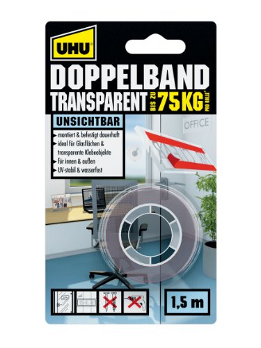 UHU Doppelband transparent, Extra starkes, transparentes doppelseitiges Montage-Klebeband, 1,5 m x 19 mm von UHU