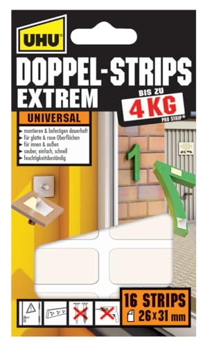 UHU 45450 Doppel-Strips Extrem, 4 kg, 26 mm x 31 mm, 16 Stück, Weiß UHU 45450 Doppel-Strips Extrem, 4 kg, 26 mm x 31 mm, 16 Stück, Weiß von UHU