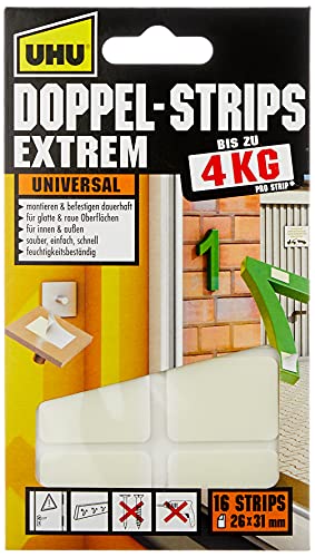 UHU 45450 Doppel-Strips Extrem, 4 kg, 26 mm x 31 mm, 16 Stück, Weiß UHU 45450 Doppel-Strips Extrem, 4 kg, 26 mm x 31 mm, 16 Stück, Weiß von UHU