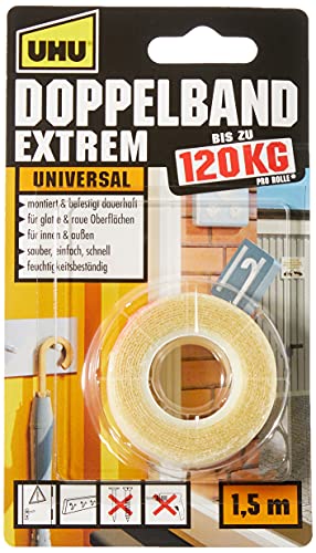 UHU Doppelband Extrem, Extrem hohe Klebekraft von 120 kg/ Rolle, 1,5 m x 19 mm von UHU