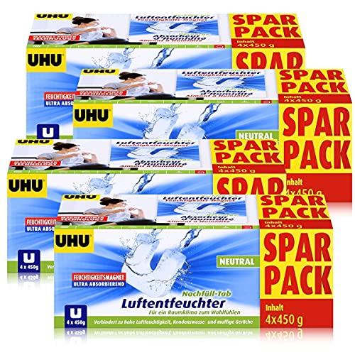 Uhu Luftentfeuchter Nachfüll-Tab Neutral 4x450g - Verhindert zu hohe Luftfeuchtigkeit, Kondenswasser und muffige Gerüche - Ultra absorbierender Feuchtigkeitsmagnet (4er Pack) von - UHU