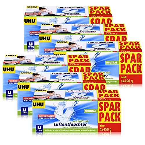 Uhu Luftentfeuchter Nachfüll-Tab Neutral 4x450g - Verhindert zu hohe Luftfeuchtigkeit, Kondenswasser und muffige Gerüche - Ultra absorbierender Feuchtigkeitsmagnet (6er Pack) von - UHU