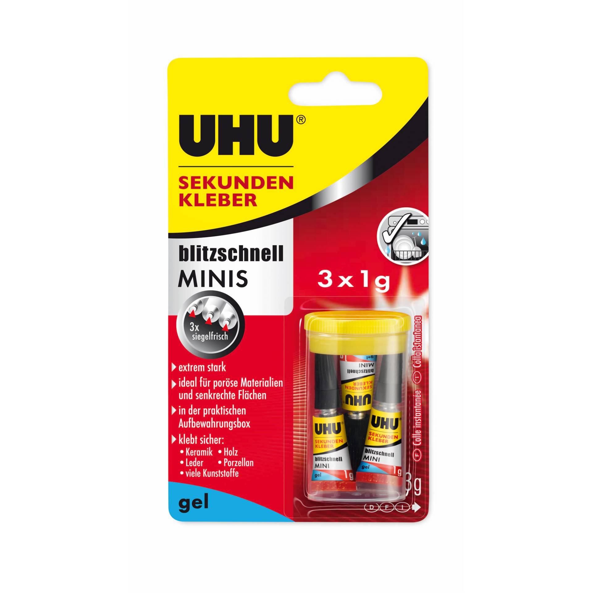 Uhu Sekundenkleber 'Blitzschnell Minis' 3 x 1 g, Gel, mit Aufbewahrungsbox Uhu Sekundenkleber 'Blitzschnell Minis' 3 x 1 g, Gel, mit Aufbewahrungsbox von UHU