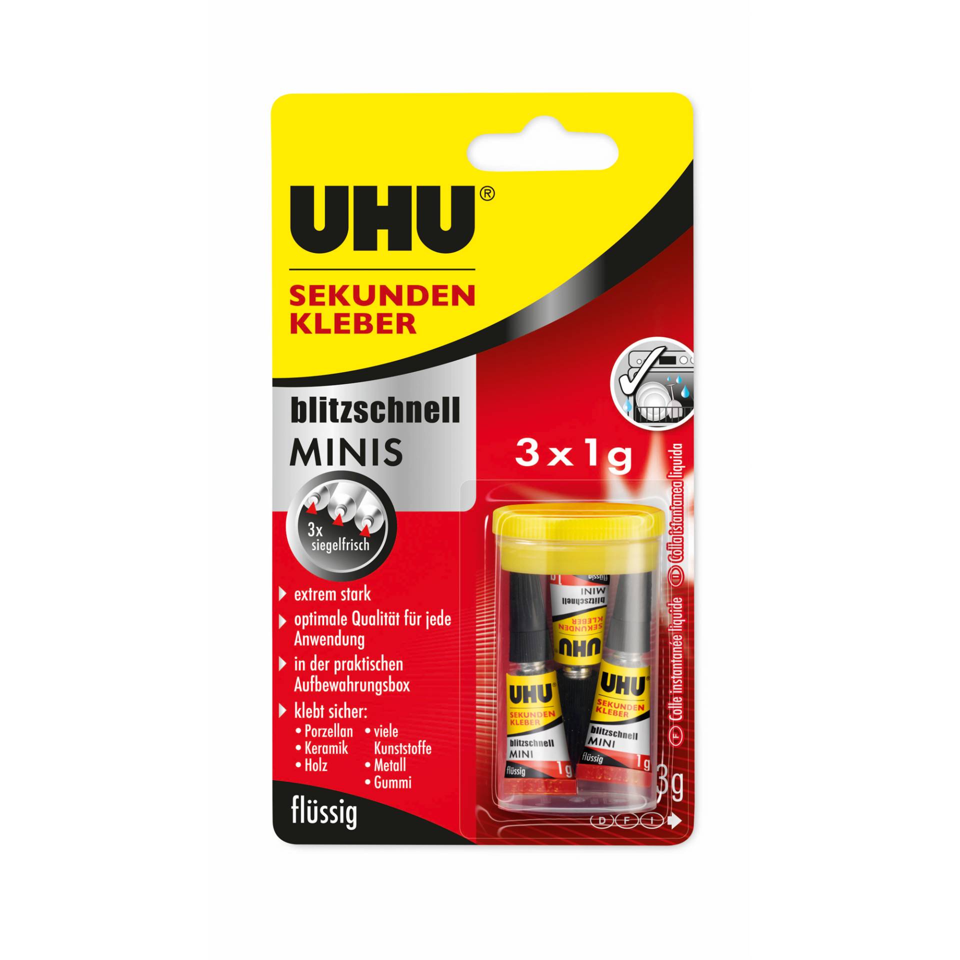 Uhu Sekundenkleber 'Blitzschnell Minis' 3 x 1 g, flüssig, mit Aufbewahrungsbox Uhu Sekundenkleber 'Blitzschnell Minis' 3 x 1 g, flüssig, mit Aufbewahrungsbox von UHU
