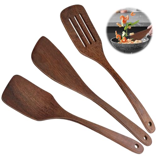 3 Stück Pfannenwender Holz, Kchen Spatel Set,Holzspatel Zum Kochen Pfannenwender Aus Holz Holzspatel Küche mit Maserung Langem Griff Antihaft Holzspachtel für Wok Pfanne mit Antihaftbeschichtung von UICCVOKK