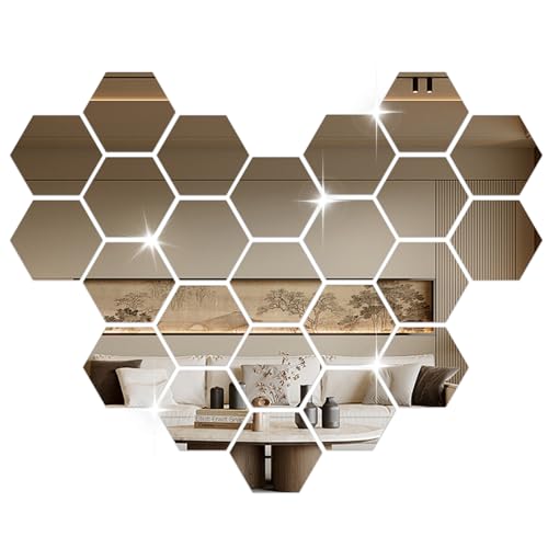 UICCVOKK 24 Stück Spiegelfliesen Selbstklebend, Sechseckiger Spiegel Wandaufkleber, HD Acryl Wandspiegel Klebespiegel, Spiegelfolie Acryl Sechseck für Wohnzimmer, Badezimmer, Schlafzimmer Wand Dekor von UICCVOKK