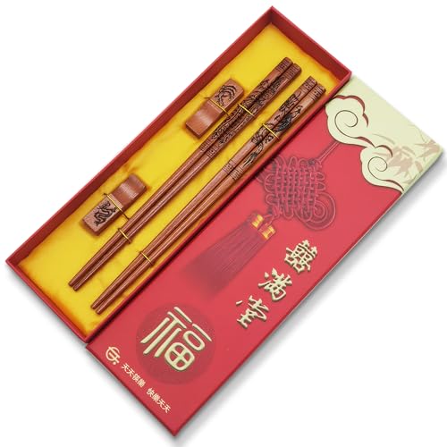 UICCVOKK Chinesische Essstäbchen, Essstäbchen wiederverwendbar, Drache und Phönix Essstäbchen-Stil, spülmaschinenfest, chinesischer Stil, natürliches Buchenholz Essstäbchen, Geschenk-Set von UICCVOKK