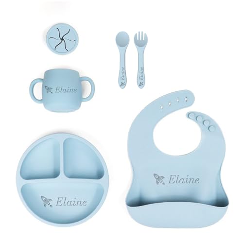 Personalisiertes Geschirr aus Bio-Silikon, 5-farbiges lebensmittelechtes Silikongeschirr, individueller Name, verstellbarer Silikonzaun und ein Snackbecher mit Deckel (gelb) von UIDMEN