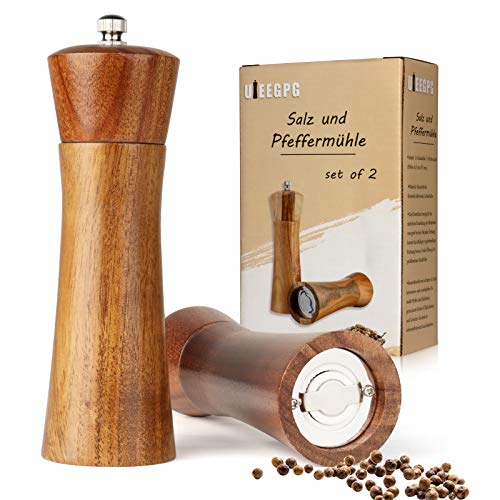 UIEEGPG Pfeffermühle Holz 2er Set, Salzmühle Gewürzmühle Holz mit Verstellbarem Keramikmahlwerk,Salz-Pfeffermühle aus Natürlich Akazienholz, H 17cm (Broun1) von UIEEGPG