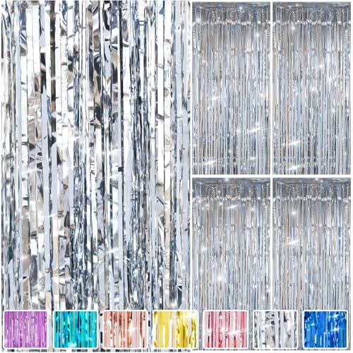 4PCS Lametta Vorhang Silber 1mx2m Glitzervorhang Lametta Glitzer Vorhang Geburtstag Lamettavorhang Vorhänge Folien Luftschlangen Party Deko Hintergrund für Geburtstagsdeko Silvester Hochzeit Festivals von UIEHII