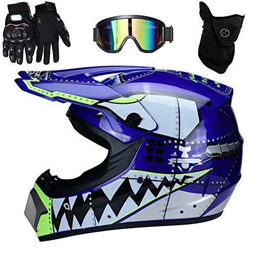 UIGJIOG 1.Motorrad Crosshelm Set Mit Brille Handschuhe Maske Korallenvlies Handtuch Motorrad Netz, Fullface MTB Helm Kinder Cross Helm,Unisex Fahrrad Enduro Downhill BMX Off Road,Blau,L(56~57cm) von UIGJIOG