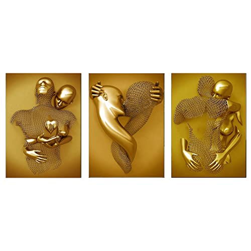 UIGJIOG Grau Bild Leinwand Kunst Wand 3er, Liebesherz 3D Effekt, Paare, Metallkunst Set, abstrakte Metallfigur Skulptur Deko,Gold,21x30cmx3 No Frame von UIGJIOG